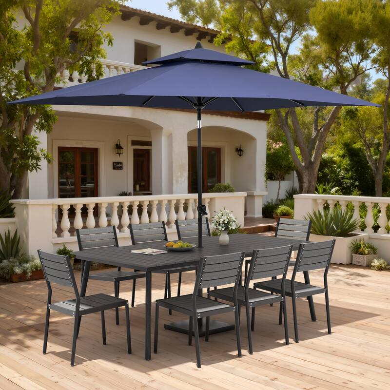 11PC Outdoor Patio Dining Set Aluminum Table with Stackable Chairs w/ Market Umbrella Set - GreyTable&GreyChairs&NavyBlueUmbrella