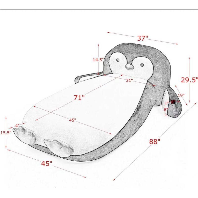Twin Size Fluffy Faux Fur Penguin Shaped Kids Floor Bed Lounger with Soft Sponge Filling for Playroom