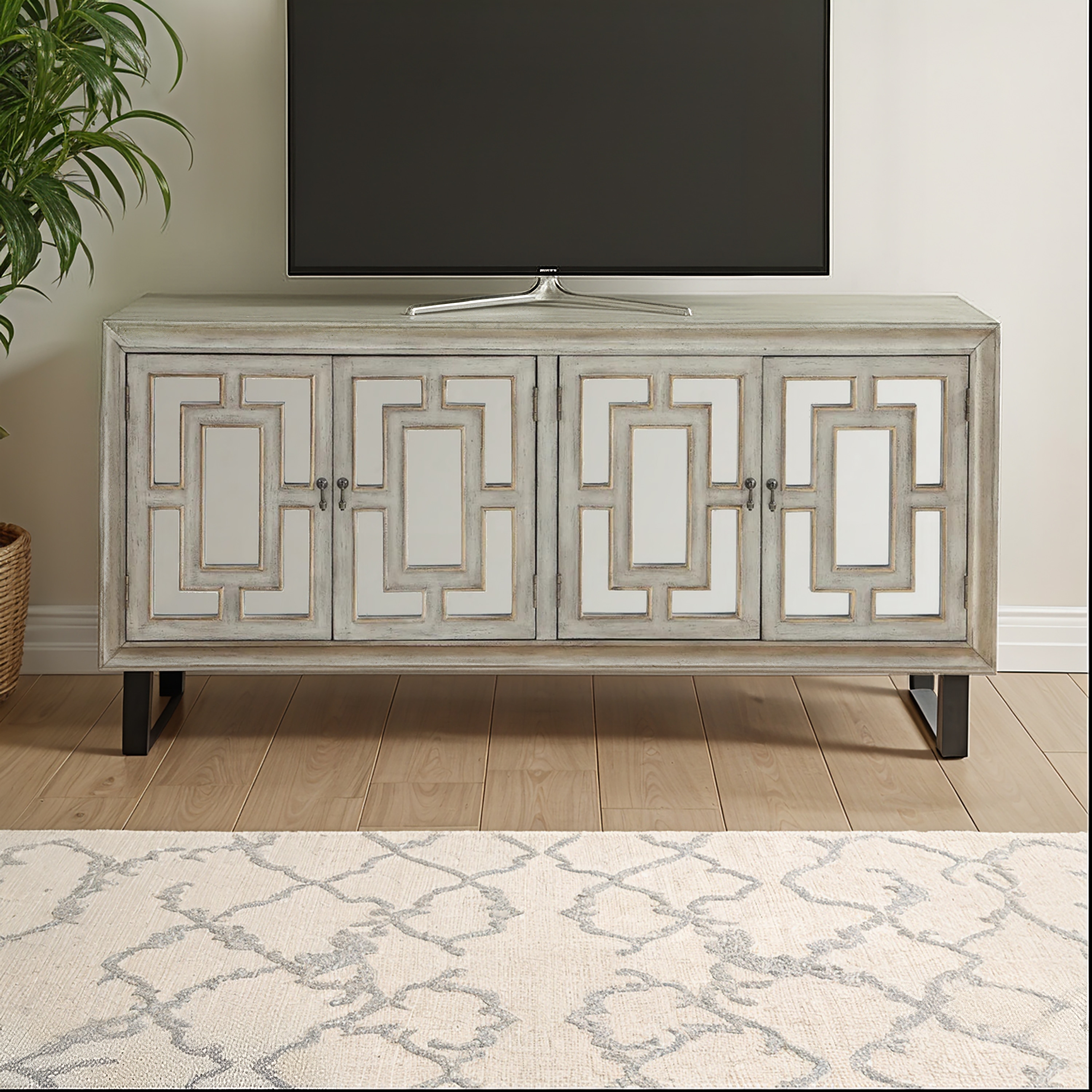 Coast to Coast Tamara 4 Door Media Credenza Antique White Mirror