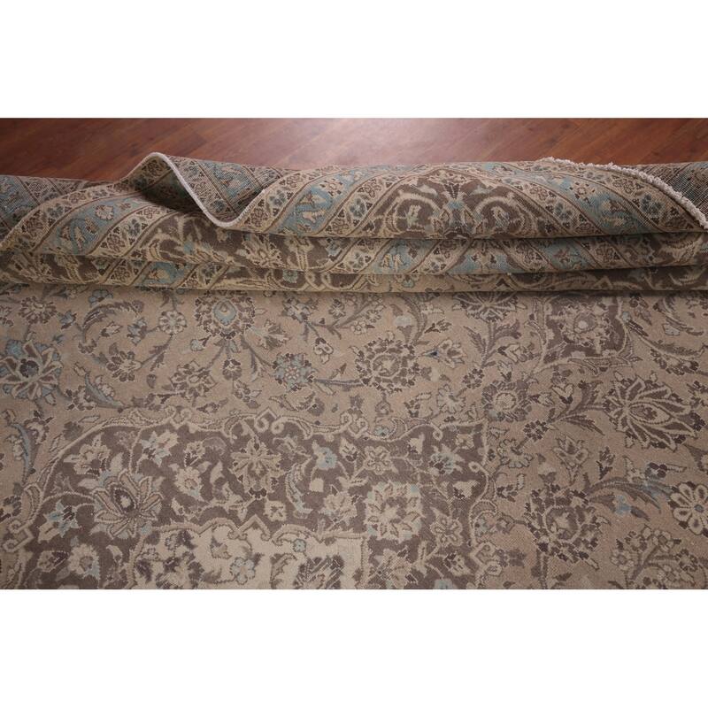 Traditional Mashad Persian Vintage Area Rug Handmade Beige Wool Carpet - 9'5"x 12'8"