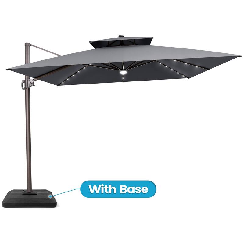 11FT Patio Cantilever Umbrella LED Lights Double Top Umbrella with 4-Piece Fillable Weighted Base