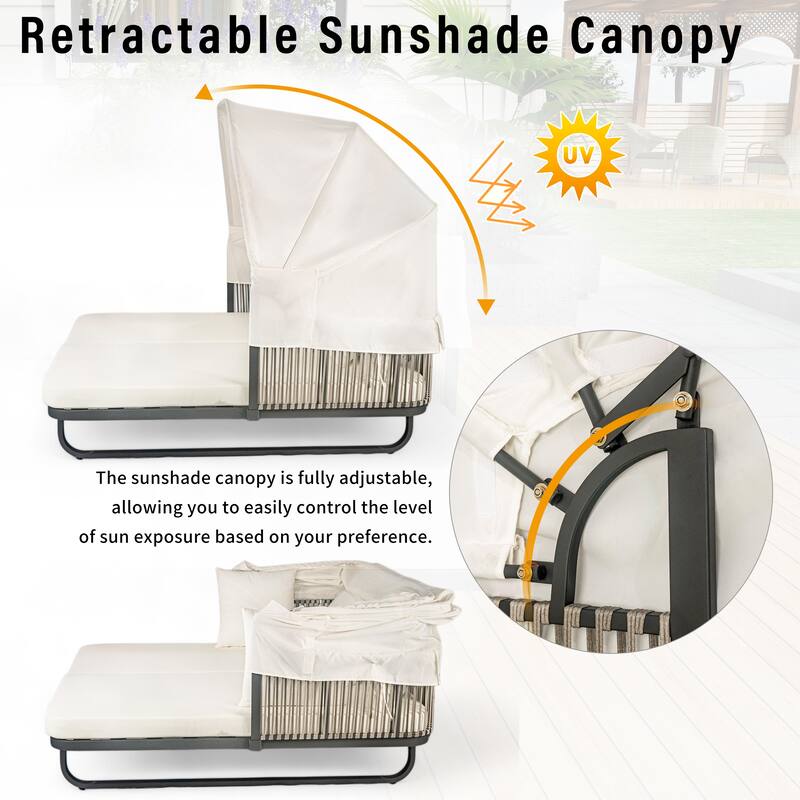 Outdoor 57" Rattan Daybed Sunbed with Retractable Canopy & Pillows