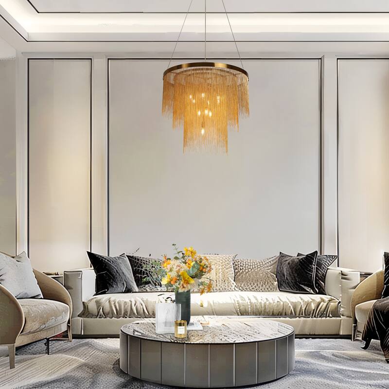 Mid-Century Modern 10-Light Tierd Gold Fringe Chandeliers for Dining Room - Dia. 31.5" x H 27.5"