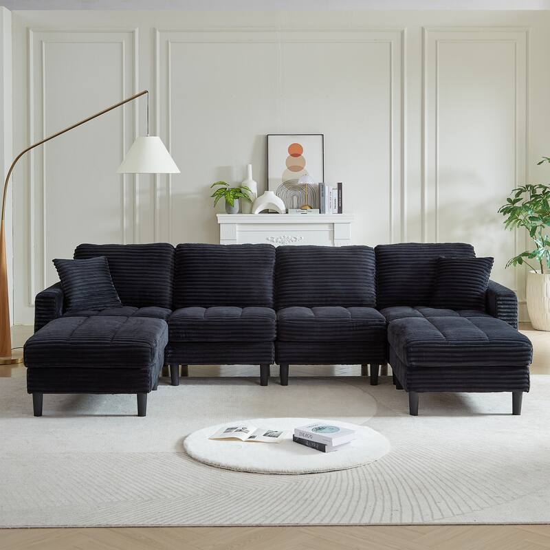 122.5" Corduroy U-Shaped Sectional Sofa with Ottomans & Pillows - Black