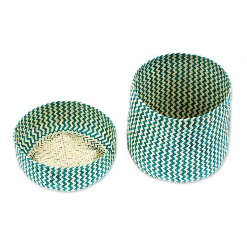 Novica Handmade Tiger In Green Natural Fiber Basket