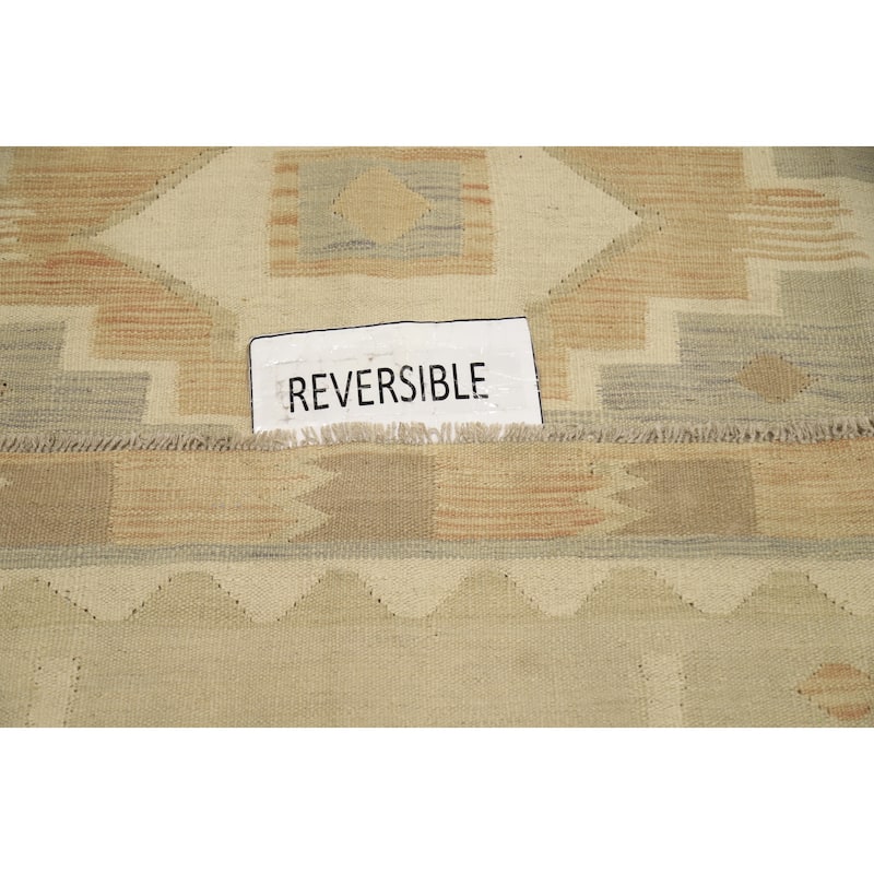 Hand Woven Oriental 100% Wool Carpet Southwestern Tribal Beige & Ivories Kilim Area Rug - 9' 10'' X 6' 4''