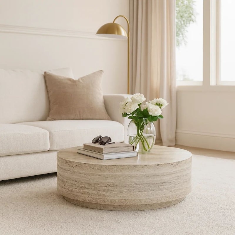 Lia 39 Inch Coffee Table, Round Travertine Stone Finish Laminated Top