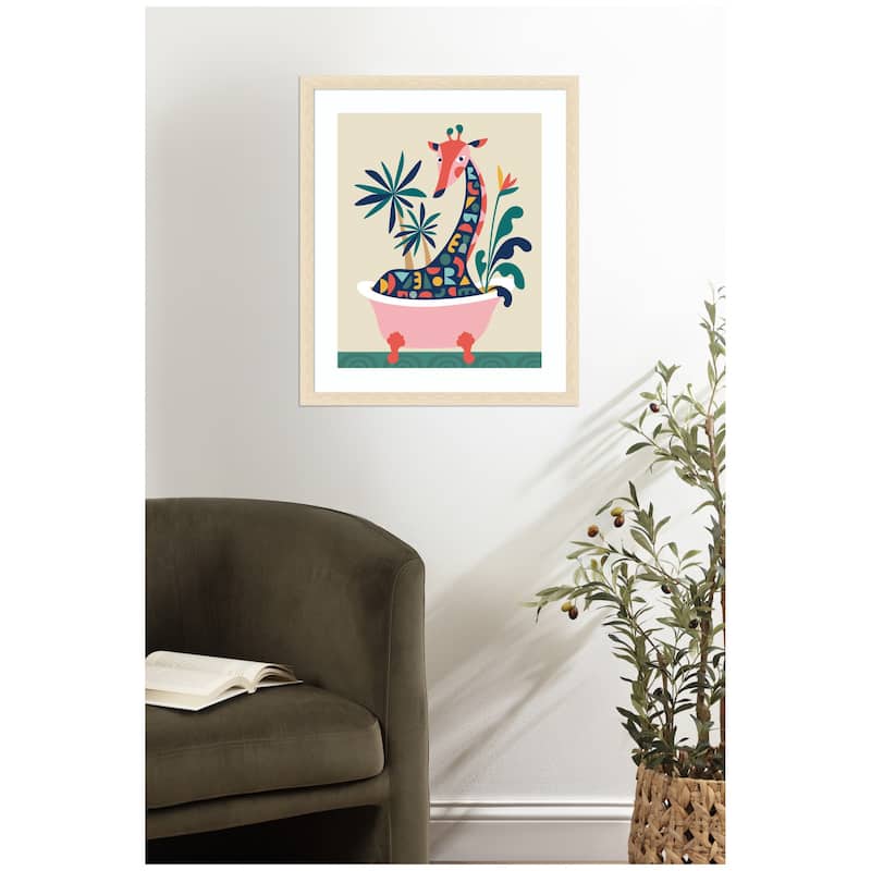 Kate and Laurel Framed Art Mid Century Modern Giraffe in Bathtub by Rachel Lee