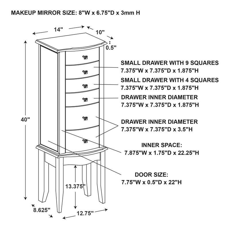Jewelry Armoire with 6 Drawers - 40" - Walnut Finish