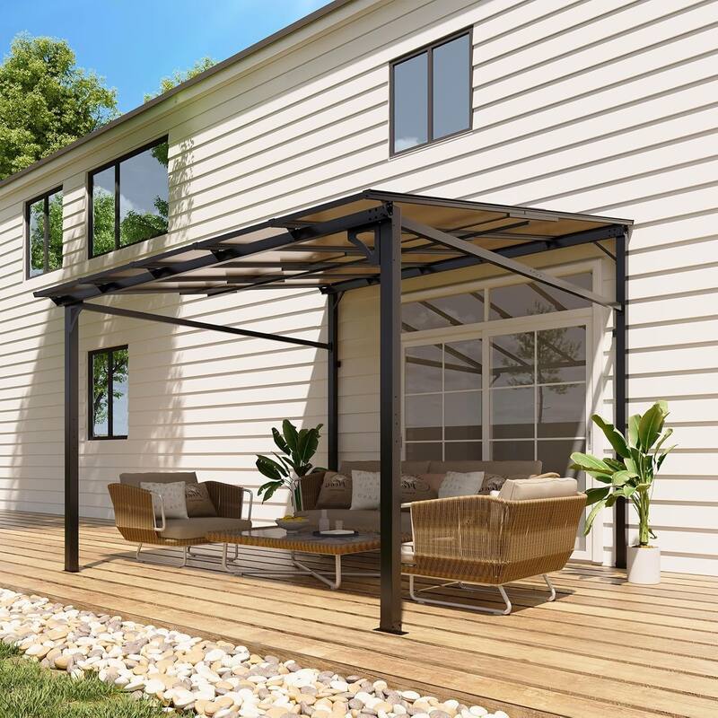 10*10FT Outdoor Metal Awnings Large Gazebo, Hard Top Pergola Wall-Mounted