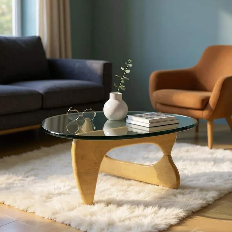 HomeRoots 54" Clear and Natural Glass and Wood Triangle Abstract Coffee Table - 54 in. x 42 in. x 4.2 in. - Clear