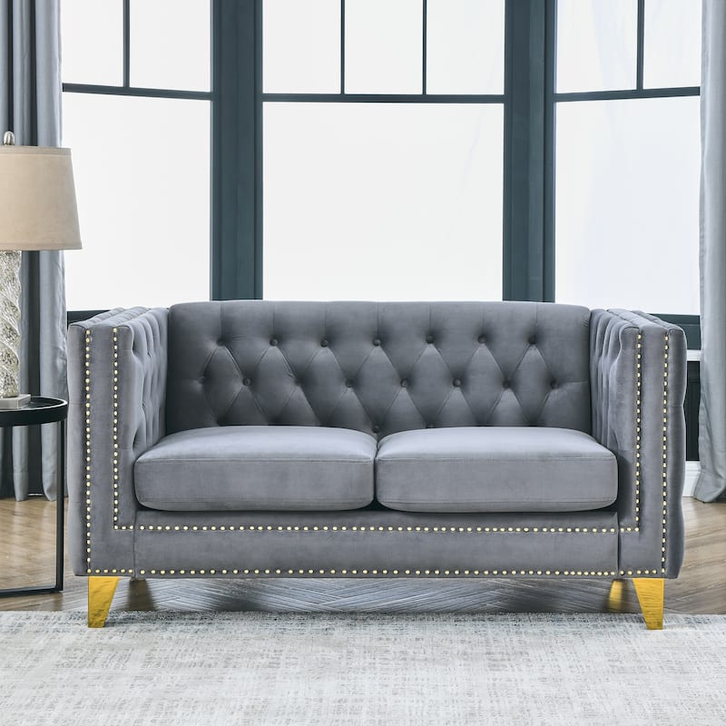 Elegant Velvet Chesterfield Sofa with Nailhead Trim and Metal Legs, Perfect for Living Rooms and Bedrooms - Grey