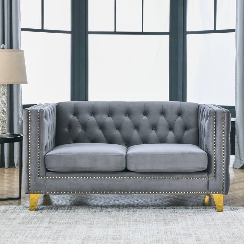 Modern 2-Seat Velvet Sofa with Nailhead Trim, Button Tufting, and Metal Legs - Grey
