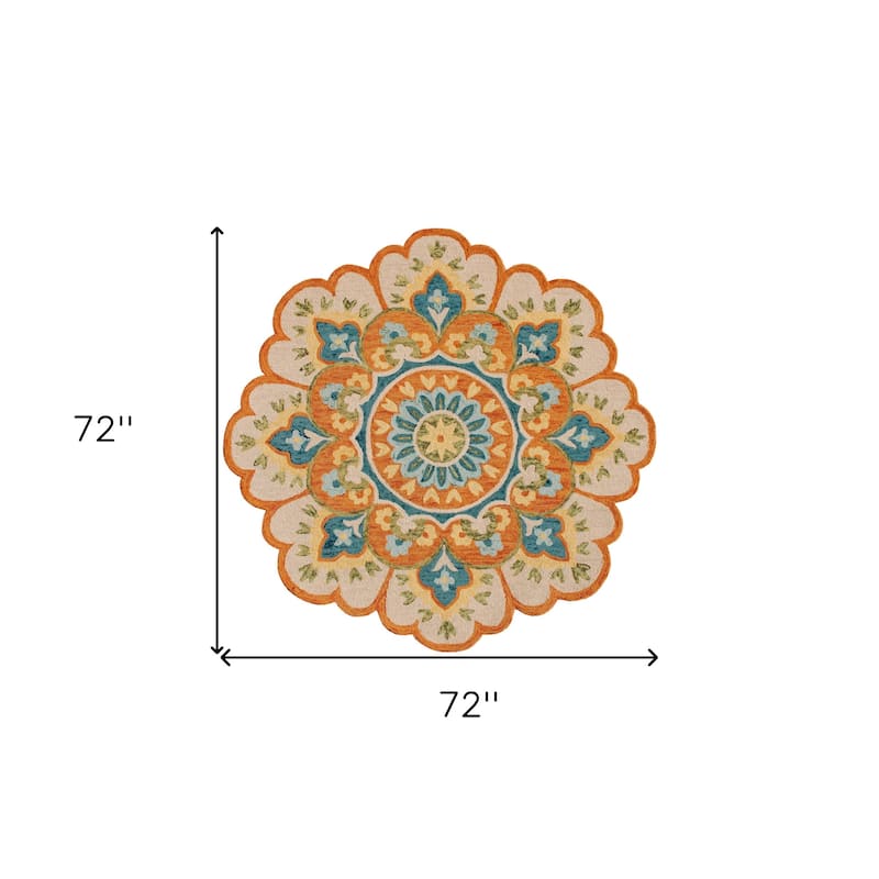 Cuni Hand Tufted Geometric Floral Area Rug By HomeRoots - 6' Round
