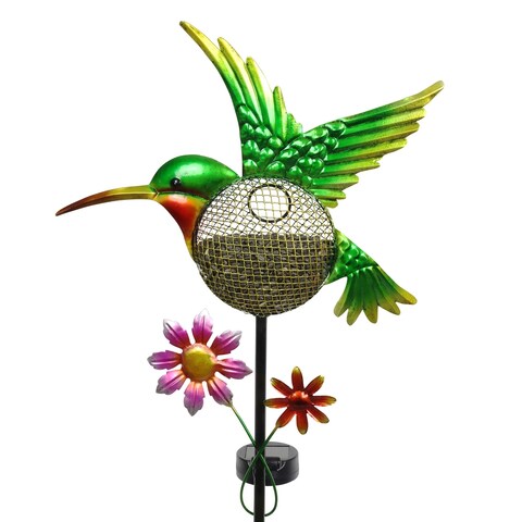 Exhart Solar Hand Painted Hummingbird Metal Mesh Pellet Bird Feeder Garden Stake, 12.5 by 36 Inches