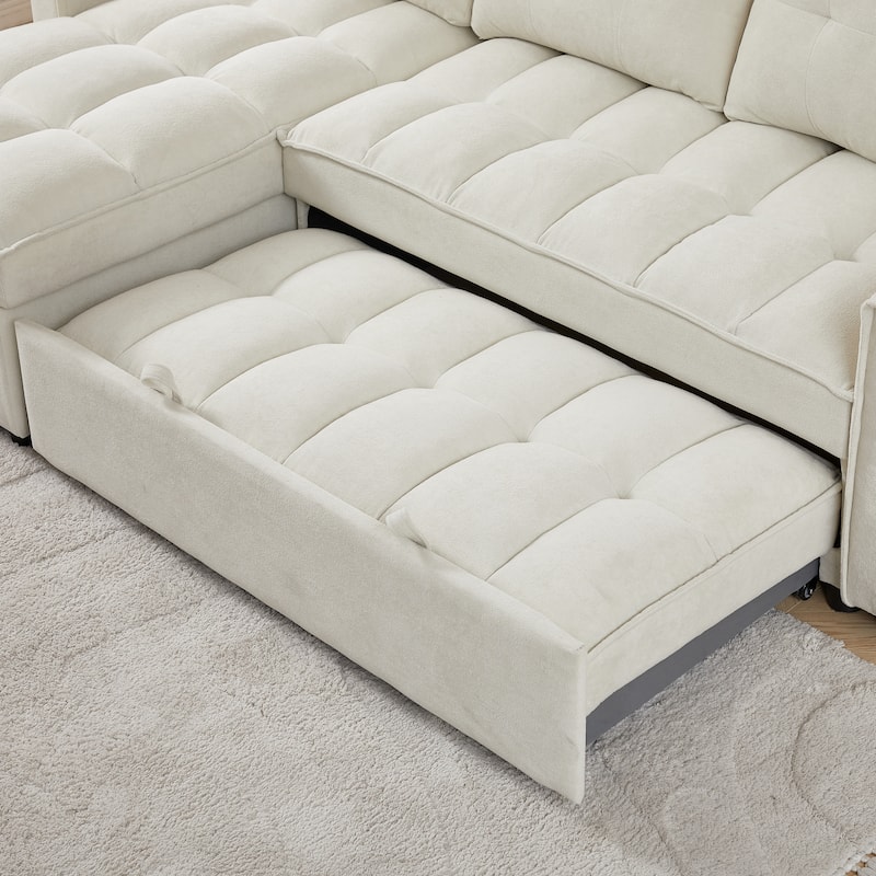 Modern Chenille L-Shaped Convertible Sofa Bed with Storage, USB and Type-C Charging Ports for Living Room