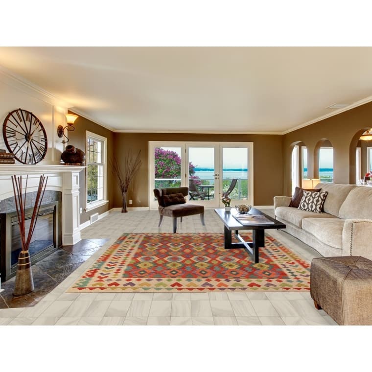 Reversible Kilim Area Rug Hand-Woven Oriental Orange Wool Carpet - 8'4" x 9'9"