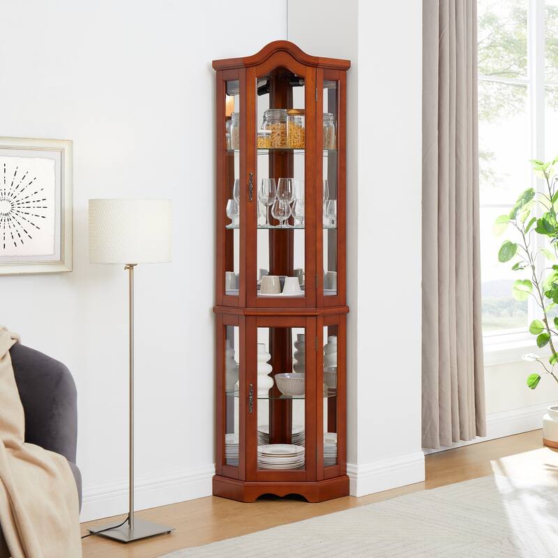Elegant Walnut Corner Curio Cabinet with Lights, Tempered Glass Shelves, and Mirrored Back for Collectibles