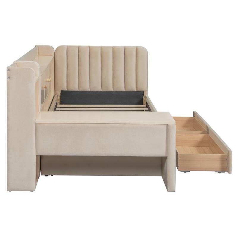Twin Size Upholstered Daybed with Drawers, Shelves, Flip Cabinets & Side Table, Beige