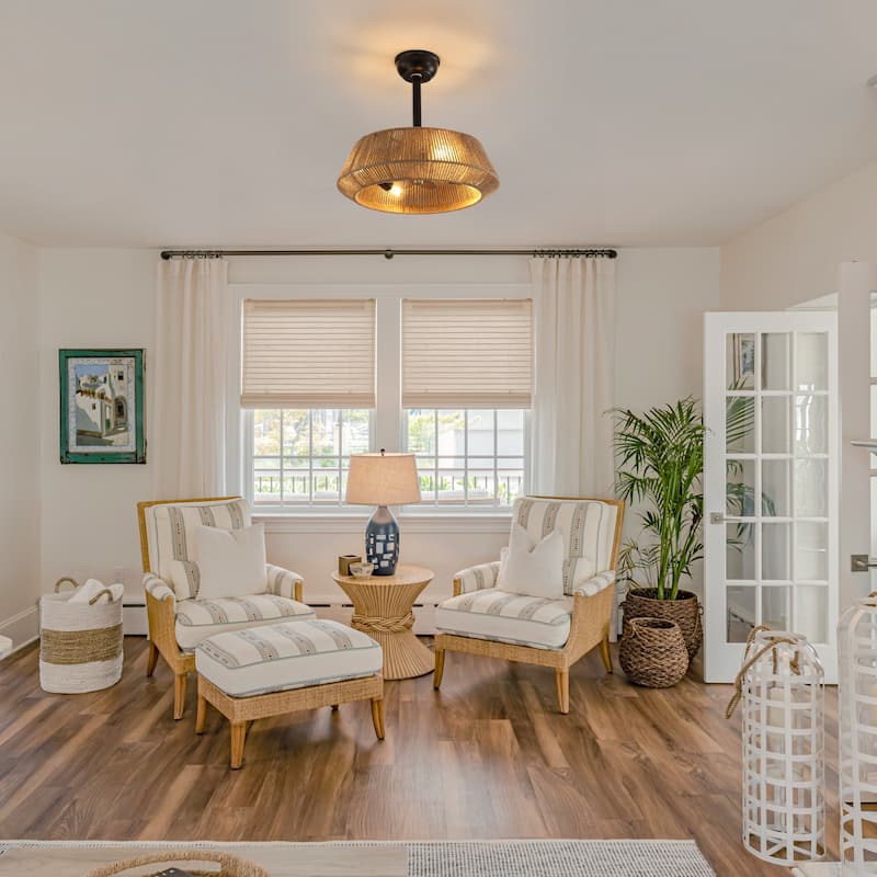 20" Boho Rope Black Caged Ceiling Fan with Dimmable Light and Remote