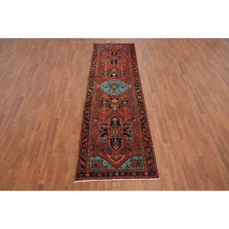 Hand Knotted Oriental 100% Wool Carpet Traditional Geometric Oranges & Rust Heriz Runner Rug - 10' 7'' X 3' 1''