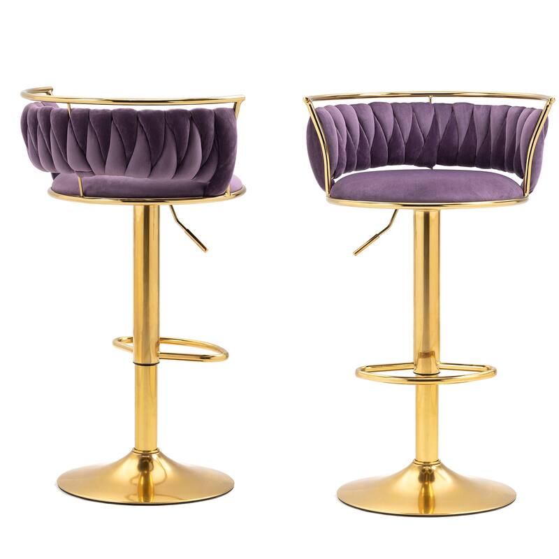 Velvet Upholstered Adjustable Bar Stool Swivel Counter Chair Set of 2