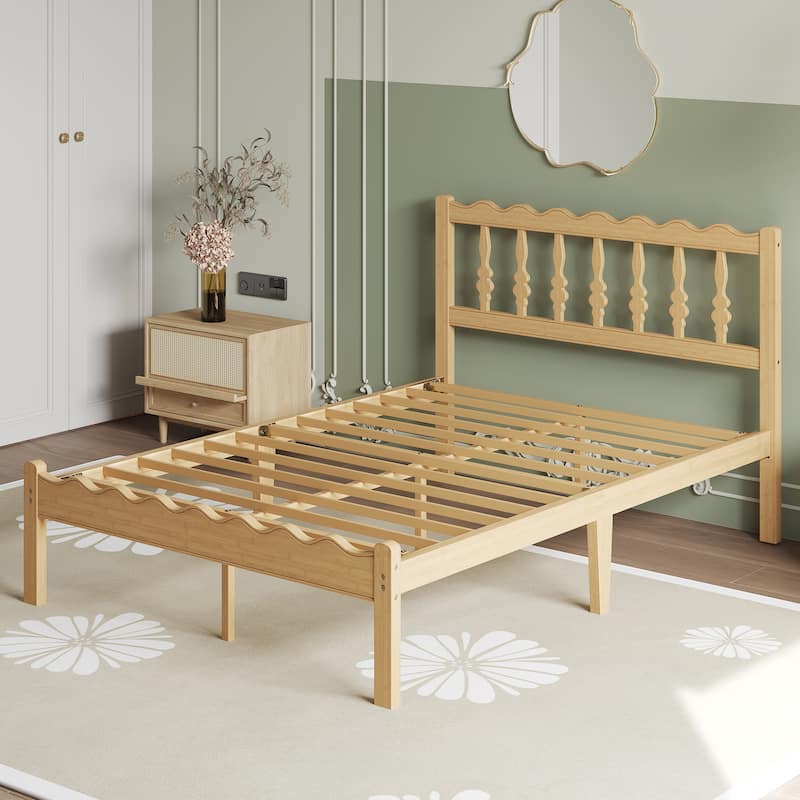 Solid Bamboo Bed Frame with Headboard, Heavy Duty Metal Slat Support, Easy Assembly