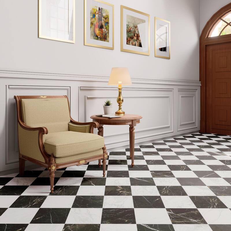 Merola Tile Reve Checker Blanc with Noir 11-3/4" x 11-3/4" Porcelain Floor and Wall Tile