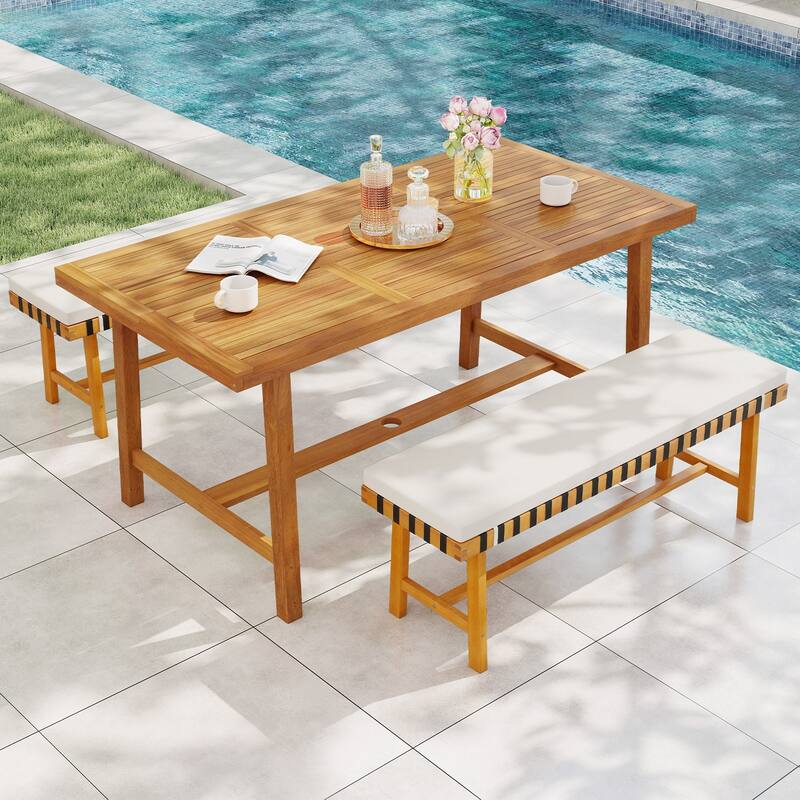 Gymax 3-Piece Patio Dining Set Rectangular Table & 2 Benches w/1.97''