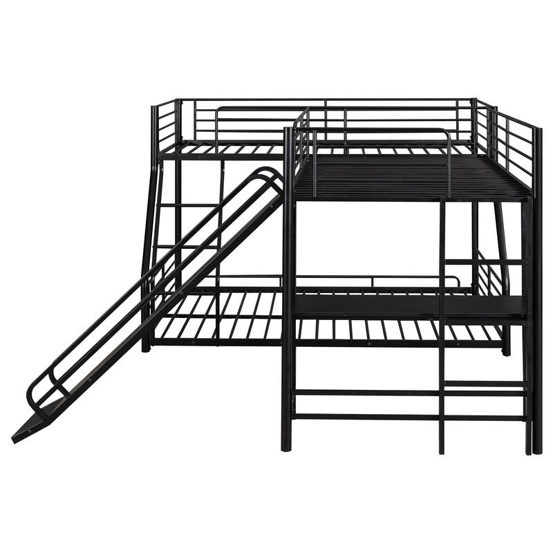 L-Shaped Twin over Full Bunk Bed with Loft, Built-in Desk, and Slide, Black