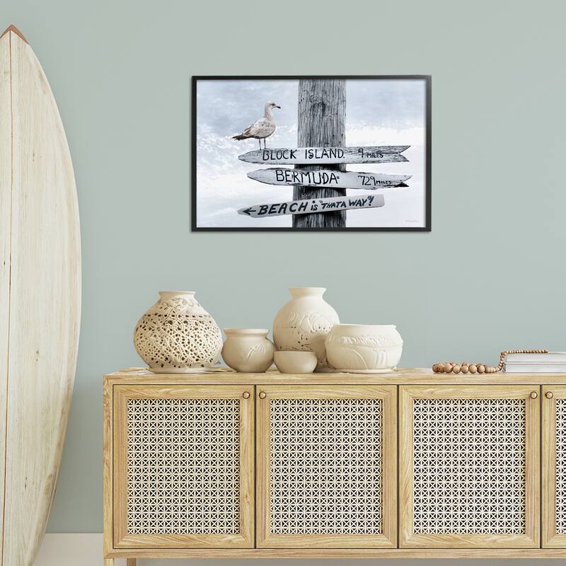 Stupell Vacation Beach Signs with Seagull Framed Giclee Art Design By Robin-Lee Viera