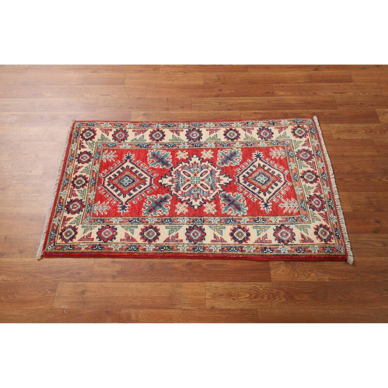 Red Geometric Kazak Accent Foyer Rug Hand-Knotted Wool Carpet - 2'0"x 3'0"
