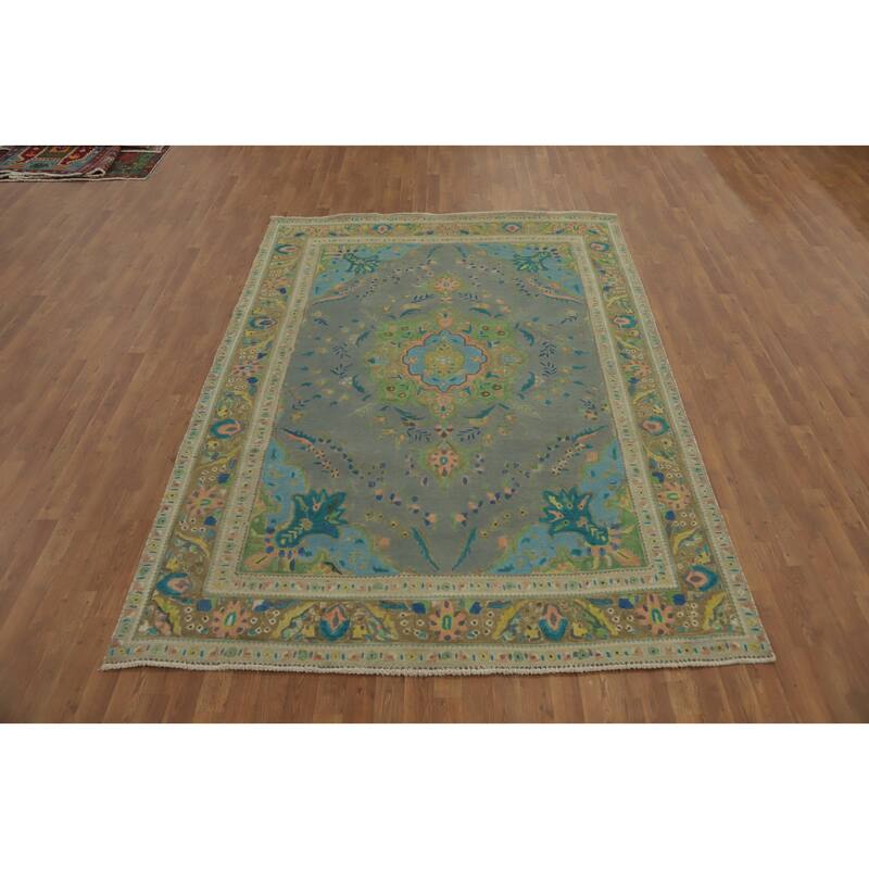 Hand Knotted Oriental 100% Wool Carpet Traditional Floral Greys & Charcoal Tabriz Area Rug - 9' 7'' X 6' 8''