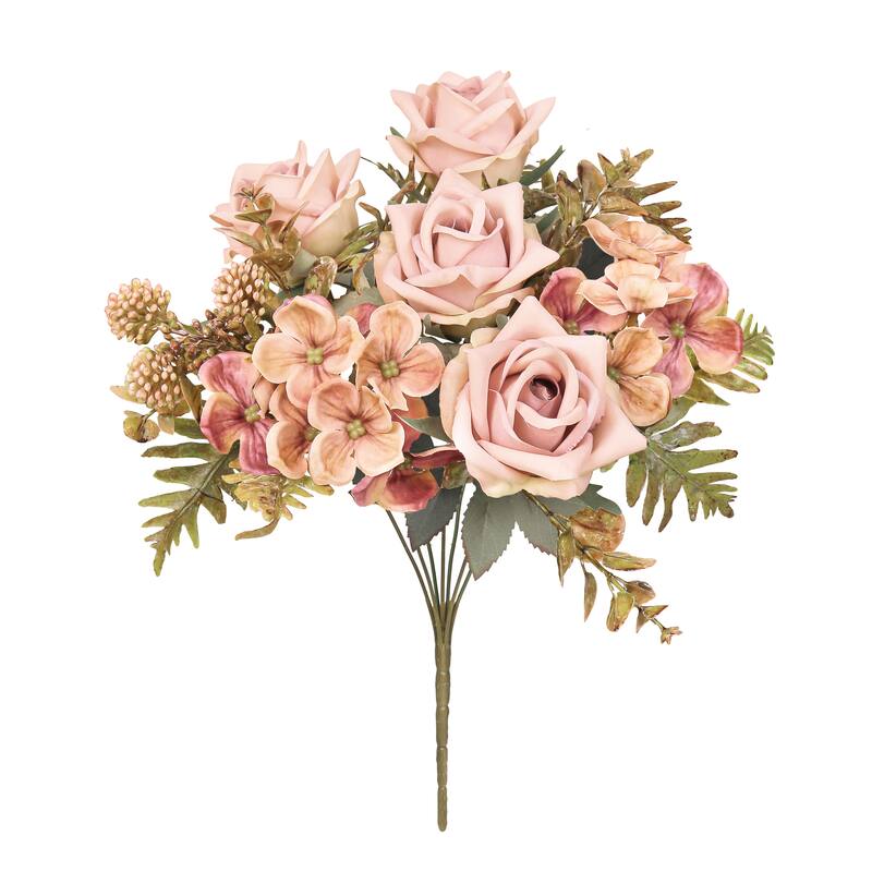 Set of 2 Blush Mauve Artificial Mixed Tea Rose Hydrangea Berry Flower Stem Bush Bouquet 15in - 15" L x 9" W x 9" DP