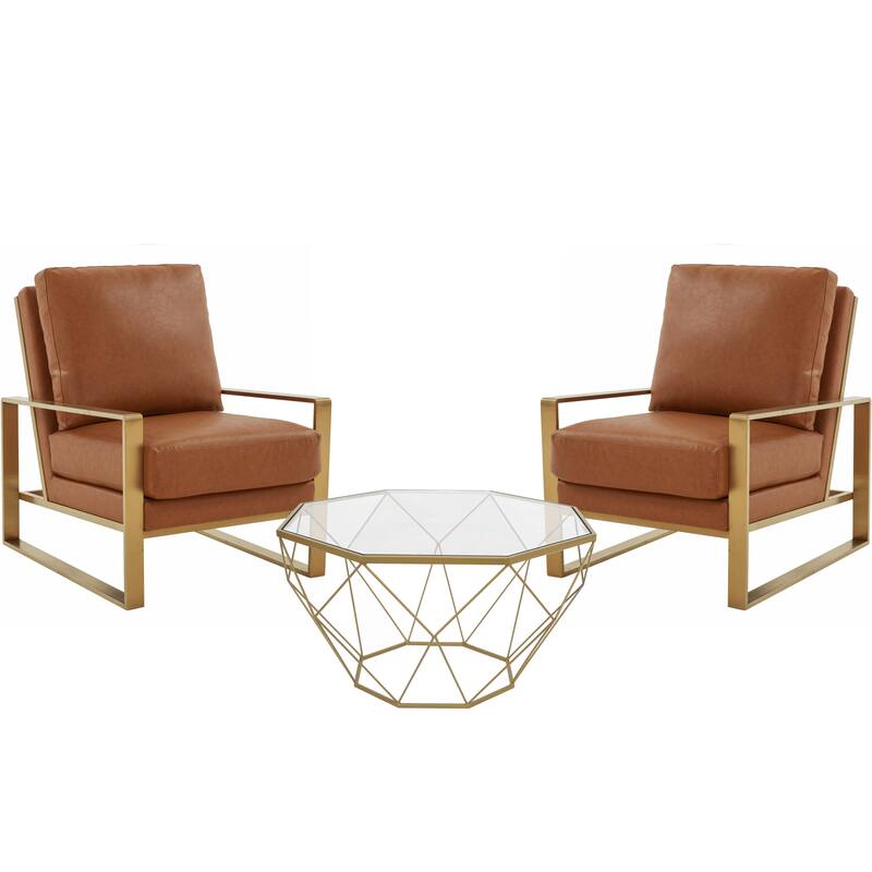 LeisureMod Jefferson 3-Piece Leather Armchairs and Geometric Coffee Table Set - 36" - Cognac Tan