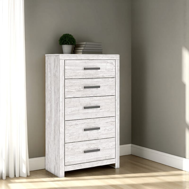 Cany Tall Dresser Chest, 5 Drawers w Black Handles, Vintage Whitewash