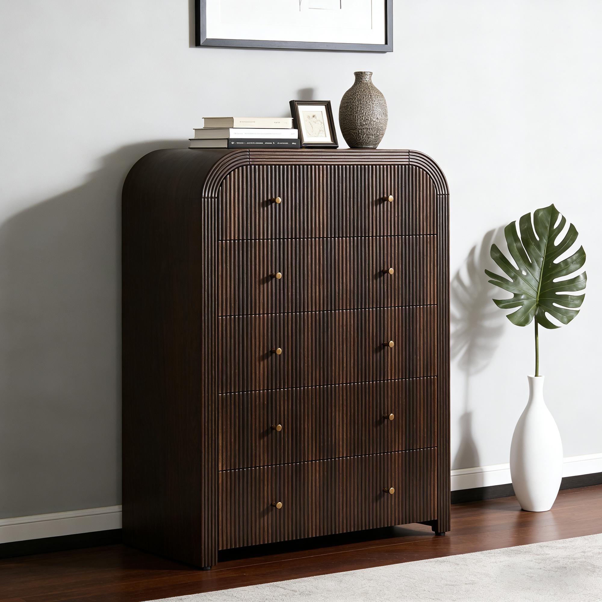 Modern Fluted 5 Drawers Dresser, Wood Chest of Drawers for Bedroom