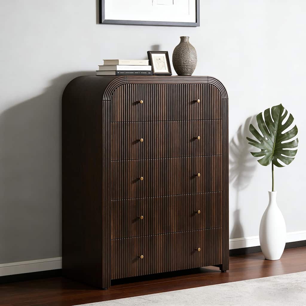 Modern Fluted 5 Drawers Dresser, Wood Chest of Drawers for Bedroom