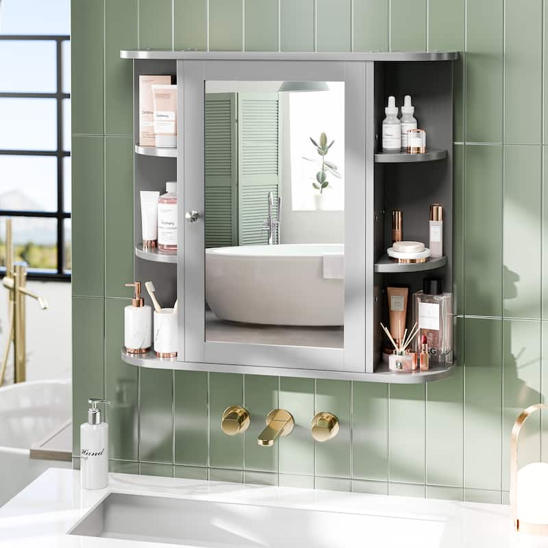 Futzca Bathroom Medicine Cabinet with Mirror and 6 Open Shelves - Grey