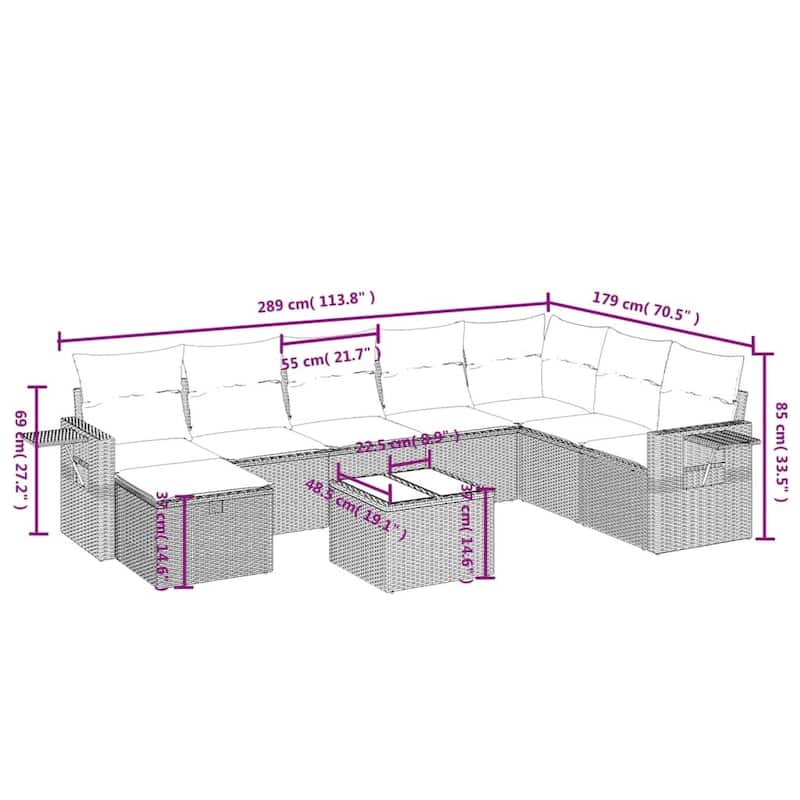 vidaXL Patio Sofa Set with Cushions Outdoor Conversation Furniture Poly Rattan - 24.4" x 24.4" x 27.2"