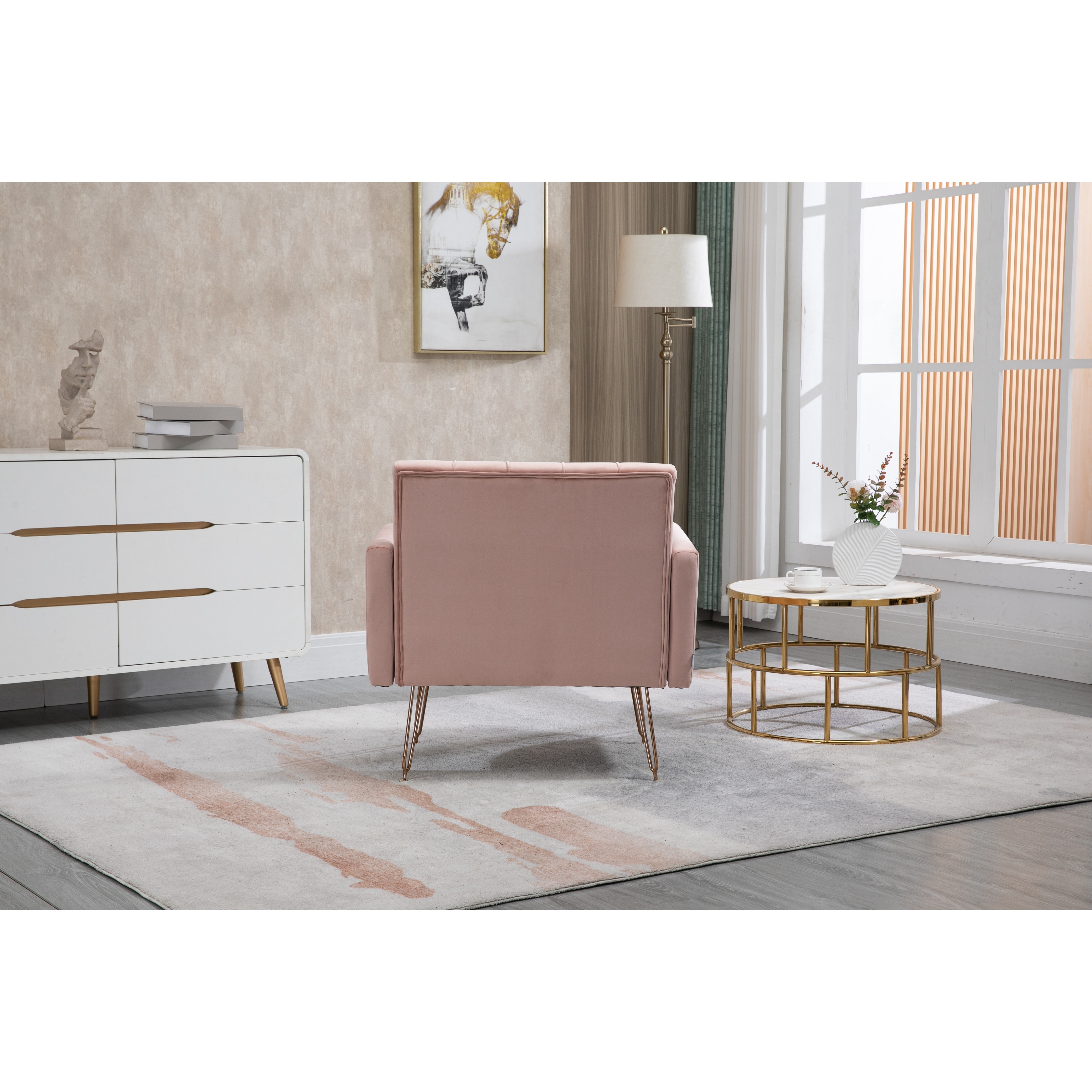 Tufted Accent Chair w Arm Rose Golden Feet Side Chair Leisure Single Sofa Arm Club Reading Chairs Pink