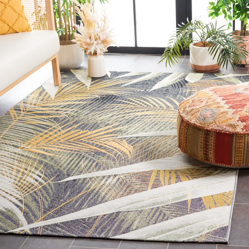 SAFAVIEH Barbados Bernadeta Tropical Botanical Waterproof Patio Backyard Rug - 9'10" x 12'5" - Black Green/Gold