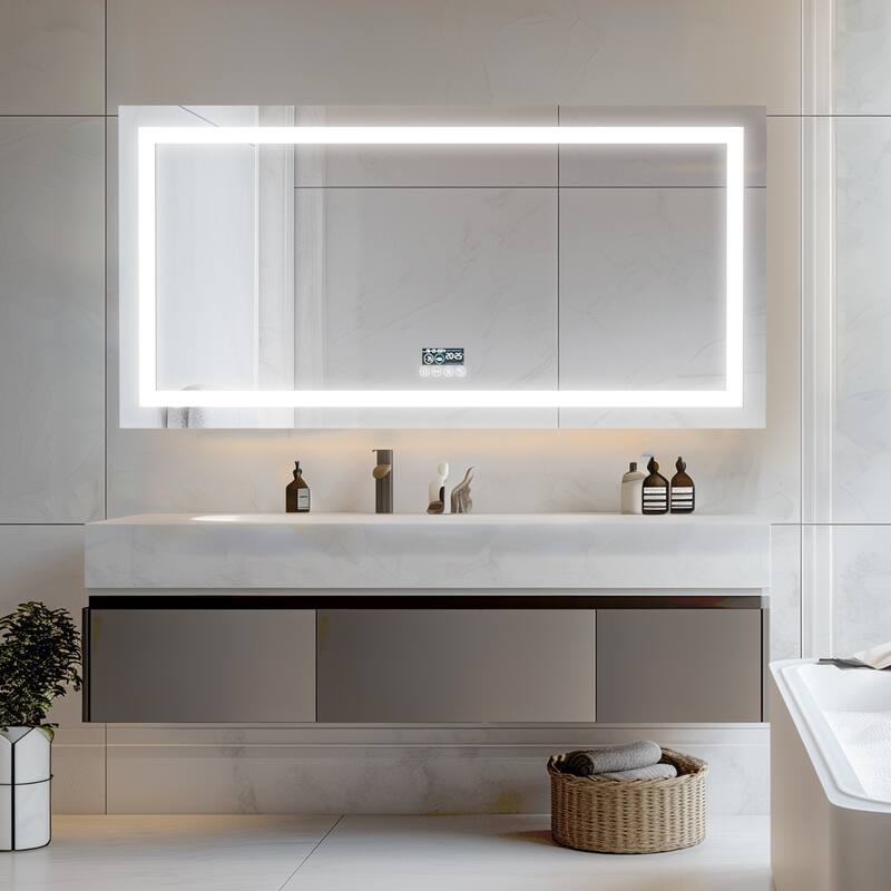 Smart LED Illuminated Fog-free Large Bathroom Mirror with Bluetooth Speakers, Digital Display