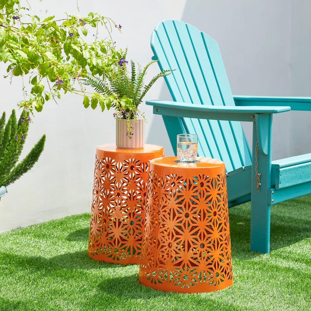 Glitzhome 17.5"H Set of 2 Cutout Geometric Pattern Solar Powdered LED Light Garden Stool