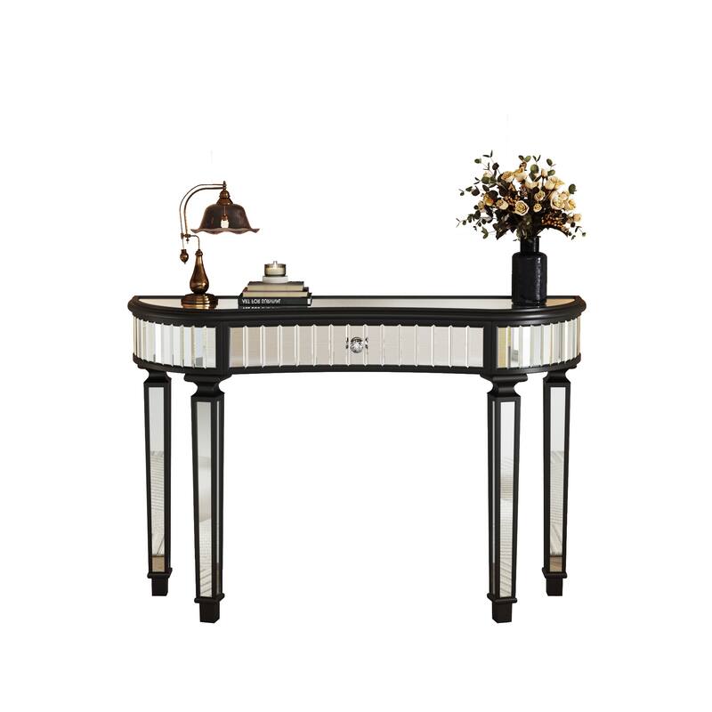 Roomfitters 47" Half-Moon Mirrored Console Table, Fluted Glass Entryway Vanity with Crystal Knob Drawer