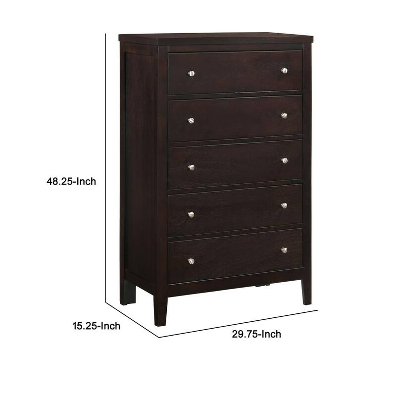 Con 48 Inch Tall 5 Drawer Dresser Chest, Silver Knobs, Cappuccino Brown