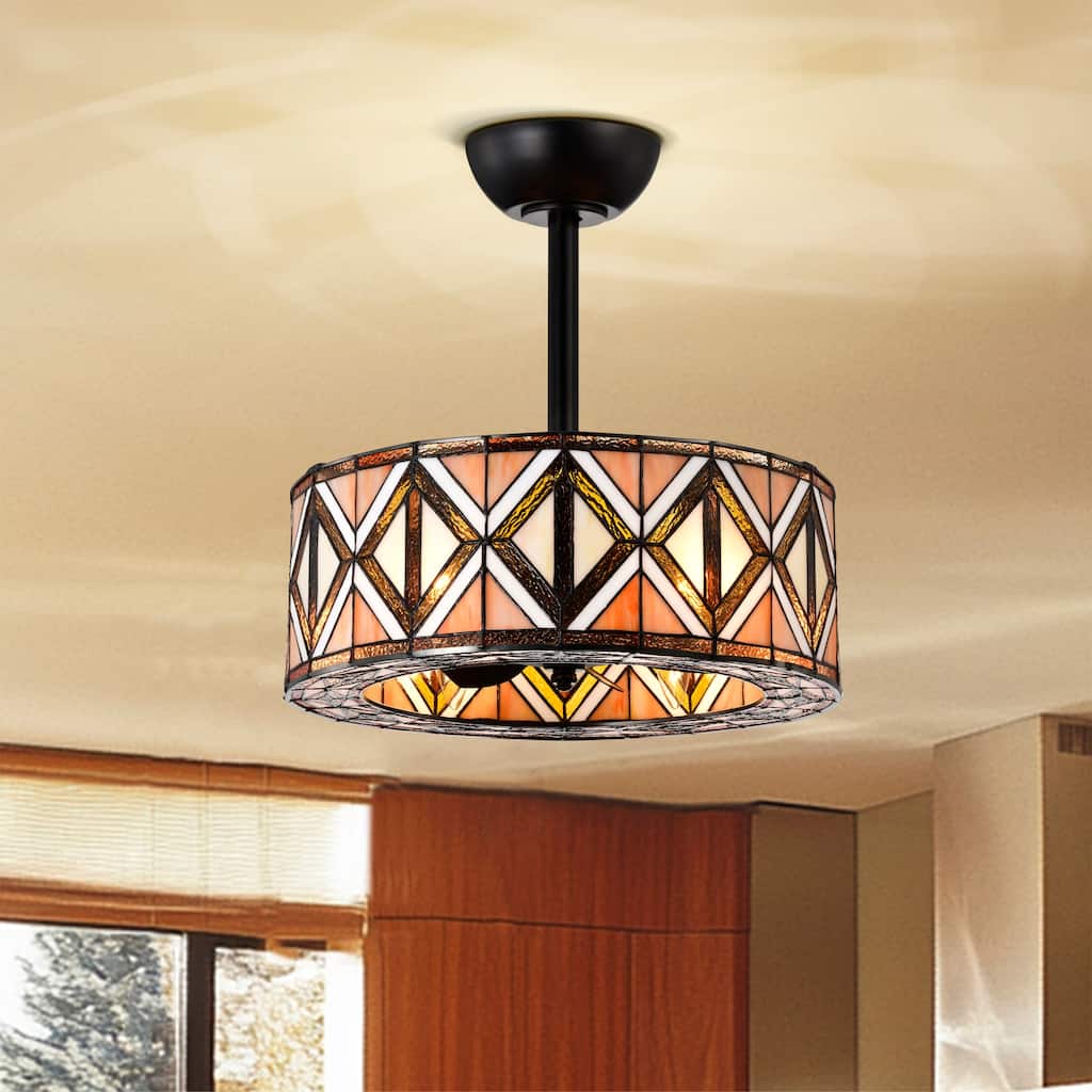 Cancha Marble and Ivory Tiffany Glass Lighted Ceiling Fan w Remote