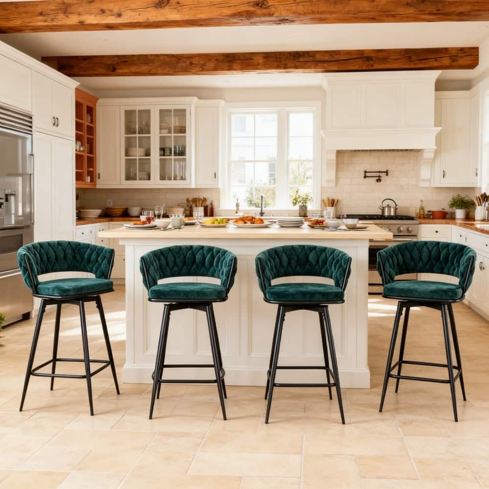 Set of 4 Swivel Bar Stools with Retro Green Linen Seat & Black Iron Frame for Restaurants & Bars