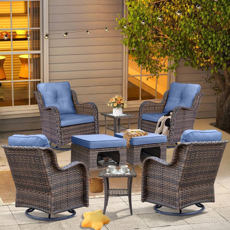 Wicker Outdoor Patio Conversation Seating Sets with Swivel Rocker Chairs - 8 Piece - Denim Blue