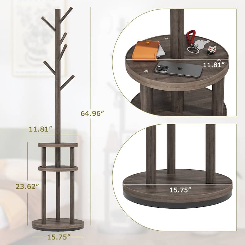 VECELO Modern Freestanding Coat Rack with 6 Branch Hooks Double Shelves, and Shoe Storage for Entryway Living Room Bedroom